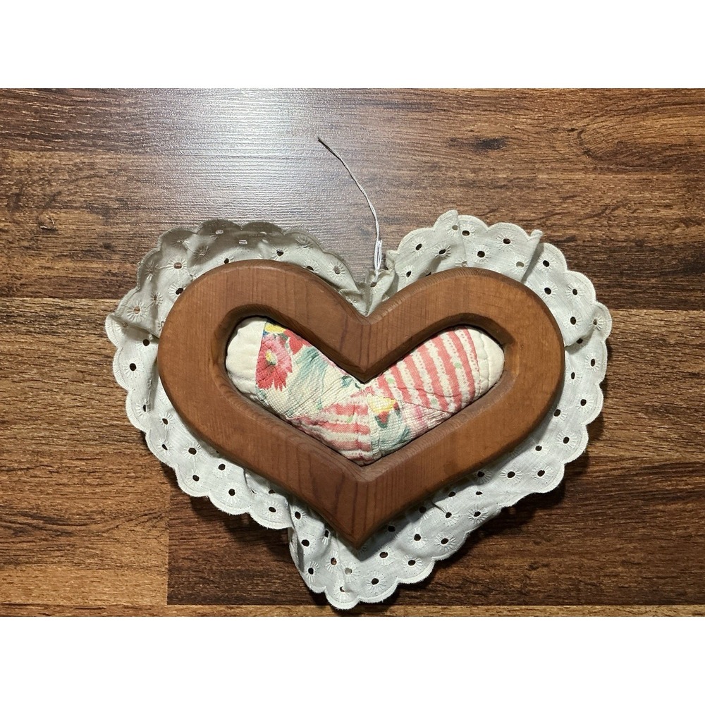 Handmade Wooden Quilted Heart With Eyelet Lace 12 X 8in